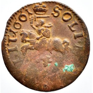 Litva, Jan Kazimír Vasa 1649 - 1668, 1 solidus 1661 TLB Vilnius, hlava Jana Kazimíra vpravo; TLB pod hlavou/ Vytis na koni vlevo