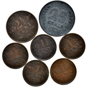 Nizozemí, Wilhelmina I. 1890-1948, 25 cents 1942, 2 1/2 cents 1916, 1 cent 1917, 20, 22, 29, 39, 7 ks