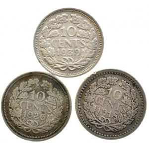 Nizozemí, Wilhelmina I. 1890-1948, 10 cent 1918, 1926, 1939, KM 163, Ag, 3 ks