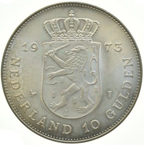 Nizozemí, Juliana 1948-1981, 10 gulden 1973 - 25 let vlády, KM 196 (Ag720, 25g)
