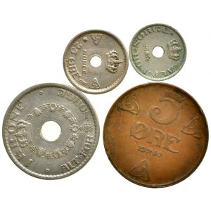 Norsko, Haakon VII. 1905-1957, 1 krone 1949, 25 ore 1950, 10 ore 1926, 5 ore 1930, 4 ks
