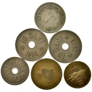 Rumunsko, 5 lei 1930, 1 leu 1924, 1938, 10 bani 1905, 1906, 5 bani 1906, 6 ks