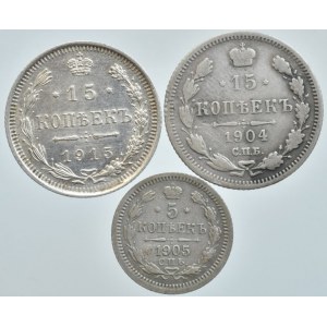 Rusko, Mikuláš II. 1894-1917, 15 kopějka 1904, 1915, 5 kopějka 1905, 3 ks