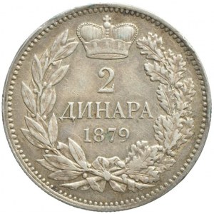 Srbsko, Milan Obrenovich IV. 1868-1889, 2 dinára 1879, KM#11, Ag835, 9.95g, vlas.škr.