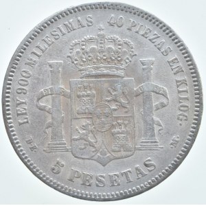 Španělsko, Alfonso XII. 1874-1885, 5 Pesetas 1875 DE-M, KM#671, dr.hr.