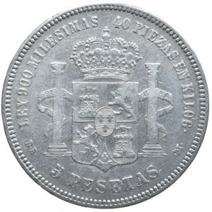 Španělsko, Alfonso XII. 1874-1885, 5 Pesetas 1876 DE-M, KM#671, rysky