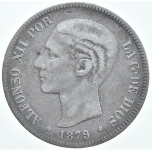 Španělsko, Alfonso XII. 1874-1885, 5 Pesetas 1879 EM-M, KM#676, dr.hr.