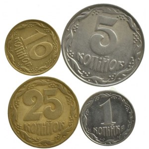 Ukrajina, 25, 10, 5, 1 kopiyok vše 1992, 4 ks