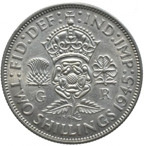 Velká Británie, George VI. 1936-1952, 2 schilling 1945, KM# 855, Ag500, 11,31g