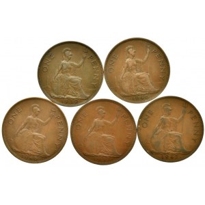 Velká Británie, George VI. 1936-1952, one penny 1937, 39, 46, 47, 48, 5 ks
