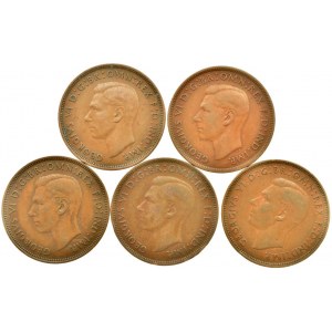 Velká Británie, George VI. 1936-1952, one penny 1937, 38, 39, 46, 48, 5 ks