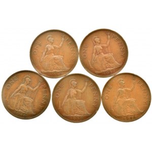 Velká Británie, George VI. 1936-1952, one penny 1937, 38, 39, 46, 48, 5 ks