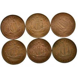 Velká Británie, Alžběta II. 1952-, half penny 1957, 58, 62, 64, 66, 67, 6 ks
