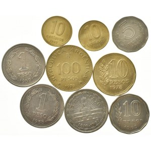 Argentina, 100 pesos 1978, 10 pesos 1963, 1978, 5 pesos 1962, 1 peso 1958, 59, 60, 10 centimos 1992, 93, 9 ks