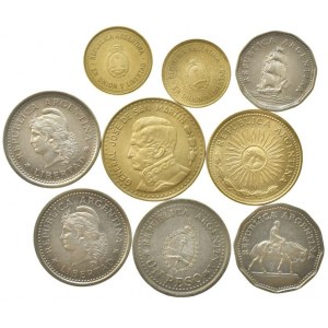 Argentina, 100 pesos 1978, 10 pesos 1963, 1978, 5 pesos 1962, 1 peso 1958, 59, 60, 10 centimos 1992, 93, 9 ks