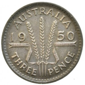 Austrálie, George VI. 1936-1952, 3 pence 1950, KM# 44, Ag500, 1,41g