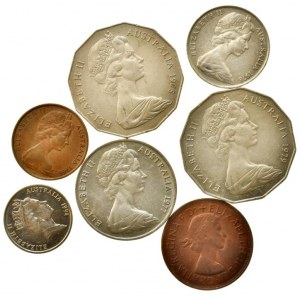 Austrálie, Elizabeth II. 1952-, 50 cents 1975, 79, 20 cents 1977, 10 cents 1978, 5 cents 1994, 2 cents 1966, half penny 1961, 7 ks