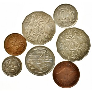 Austrálie, Elizabeth II. 1952-, 50 cents 1975, 79, 20 cents 1977, 10 cents 1978, 5 cents 1994, 2 cents 1966, half penny 1961, 7 ks