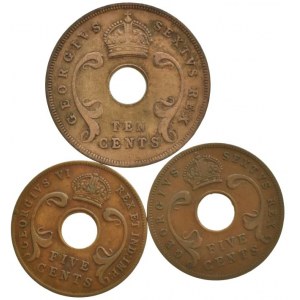 Britská východní afrika, George VI. 1937-1952, 10 cents 1952, 5 cents 1943, 1952, 3 ks
