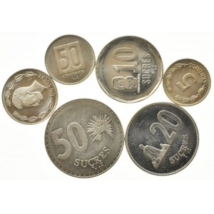 Ekvádor, 50 sucres 1991, 20 sucres 1988, 10 sucres 1988, 1 sucre 1988, 50 centavos 1988, 5 centavos 1946, 6 ks