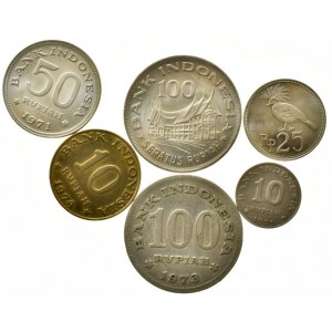 Indonésie, 100 rupiah 1973, 1978, 50 rupiah 1971, 25 rupiah 1971, 10 rupiah 1971, 1974, 6 ks