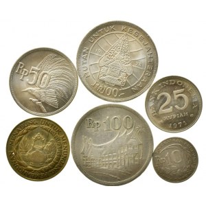 Indonésie, 100 rupiah 1973, 1978, 50 rupiah 1971, 25 rupiah 1971, 10 rupiah 1971, 1974, 6 ks