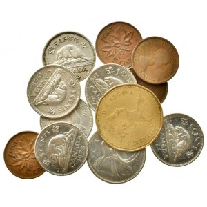 Kanada, Alžběta II. 1953-, 1 dollar 1988, 25 cents 1974, 5 cents 1963, 68, 74, 77, 78, 84, 1 cent 1960, 62, 63, 70, 12 ks