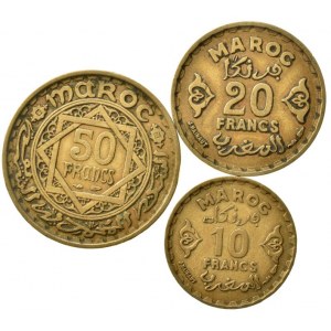 Maroko, Mohammed V. 1927-1962, 50 francs 1952, 20 francs 1952, 10 francs 1952, 3 ks