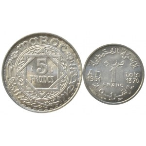 Maroko, Mohammed V. 1927-1962, 5 francs 1951, 1 francs 1951, sbírkové, 2 ks