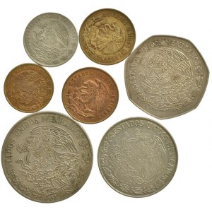 Mexiko republika 1867-, 10 pesos 1977, 5 pesos 1974, 1 peso 1978, 20 centavos 1975, 5 centavos 1965, 1969, 1971, 7 ks