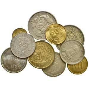 Peru, 100 soles 1980, 1982, 50 soles 1982, 5 soles 1969, 1986, 1987, 1 sol 1976, nuevo sol 2000, 20 centimos 1986, 1 cetimo2004, 10 ks