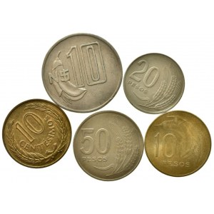 Uruguay, 50 pesos 1970, 20 pesos 1970, 10 pesos 1968, 10 nuevos pesos 1981, 10 centimos 1960, 5 ks