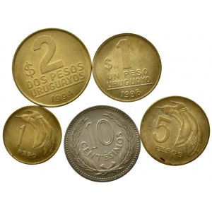 Uruguay, 5 pesos 1969, 2 pesos 1994, 1 peso 1969, 1998, 10 centimos 1953, 5 ks
