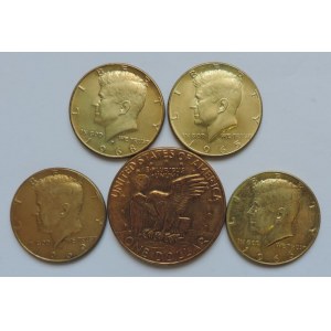 USA, 1/2 dollar J.F.Kenedy zlacený, 1965, 1966, 1968, 1969 + 1 dollar zlacený 1974 5ks