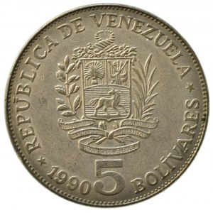 Venezuela - republika, 1830 -, 5 bolivares 1990, Y# 53a