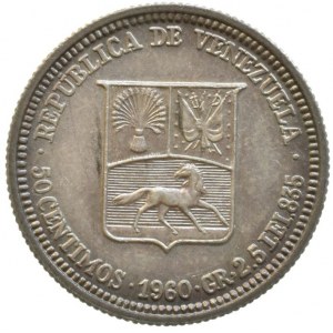 Venezuela - republika, 1830 -, 50 centimos 1960, Ag835, 2,5g, Y# 36a