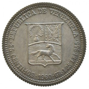 Venezuela - republika, 1830 -, 25 centimos 1960, Ag835, 1.25g, Y# 35a