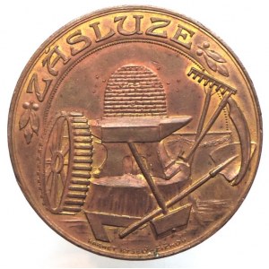 AE 51,5mm, secesní nápis Živnostensko-hospodářská výstava v Brodku u Nezamyslic 1909, lipová ratolest s erbem/nápis zásluze, atributy, sign. Karnet-Kyselý Žižkov