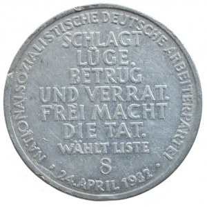 medailka NSDAP 1932, muž v boji s trojhl. drakem/8 řád. text, Al 34mm