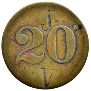 známka 20 hal. s doražbou písmen IS/JV, Ms 22mm