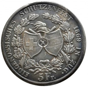 Švýcarsko, 5 Fr. 1869 Zug, střelecký, kopie, replika