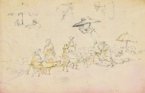Tadeusz RYBKOWSKI (1848-1926), Szkice - scena targu, postacie pod parasolem, zarys głowy kobiety w chustce na głowie, głowa kobiety w kapeluszu i kobieta z koszem na plecach, 1884?