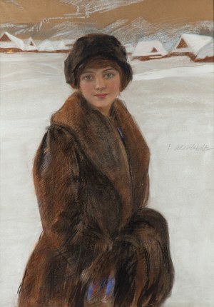 Teodor AXENTOWICZ (1859-1938), Piękna pani w futrze, około 1920