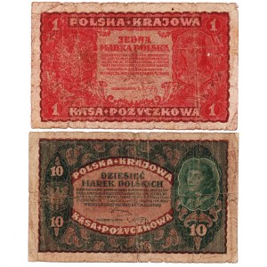 1 marka polska i 10 marek polskich 1919 - dwa banknoty