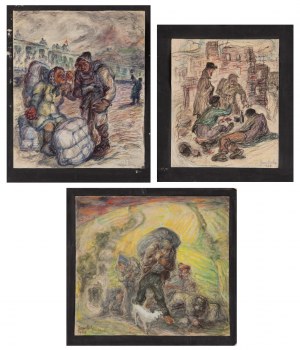 Michał GAWLAK (1906-1971), Zestaw trzech rysunków: A. Grupa mężczyzn wśród ruin, 1940 B. Kobieta i mężczyzna z pakunkami, 1934 C. Wygnańcy, 1939