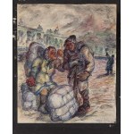 Michał GAWLAK (1906-1971), Zestaw trzech rysunków: A. Grupa mężczyzn wśród ruin, 1940 B. Kobieta i mężczyzna z pakunkami, 1934 C. Wygnańcy, 1939
