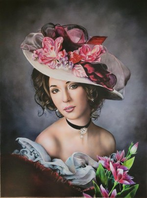 Tomasz Włodarczyk, Portret kobiety w kapeluszu z kwiatami, 2022