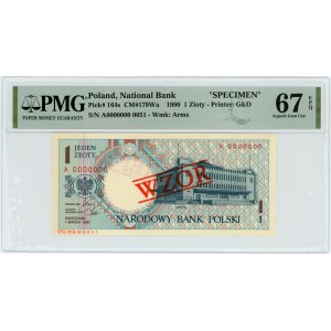 1 złoty 1990 - A - WZÓR / SPECIMEN - PMG 67 EPQ - niski nr wzoru 0051