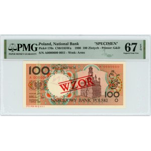 100 złotych 1990 - A - WZÓR / SPECIMEN - PMG 67 EPQ - niski nr wzoru 0051