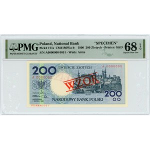 200 złotych 1990 - A - WZÓR / SPECIMEN - PMG 68 EPQ - niski nr wzoru 0051